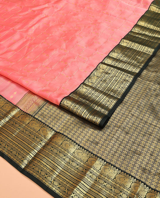 Pink Vasundhara Lite Silk Mix Saree, Detailed with Zari Buttas and Checks on Its Body, Complemented by a Contrast Border of Rekku, Banaras, Muthu, Mayil, Rudraksham, and Kamalam Designs, Grand Jaal Pallu, and Paired with a Contrast Blouse