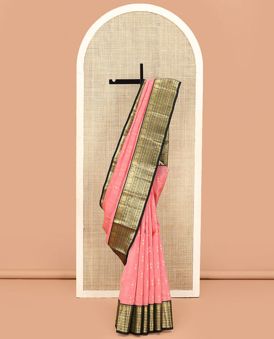 Pink Vasundhara Lite Silk Mix Saree, Detailed with Zari Buttas and Checks on Its Body, Complemented by a Contrast Border of Rekku, Banaras, Muthu, Mayil, Rudraksham, and Kamalam Designs, Grand Jaal Pallu, and Paired with a Contrast Blouse