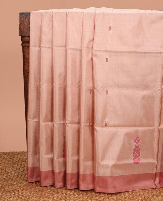 Peach Banana Pith Saree, Delicately Woven with Thread Buttas All Over Its Body, Complemented by a Contrast Border, Pallu Depicts Unique Buttas, and Paired with a Contrast Blouse