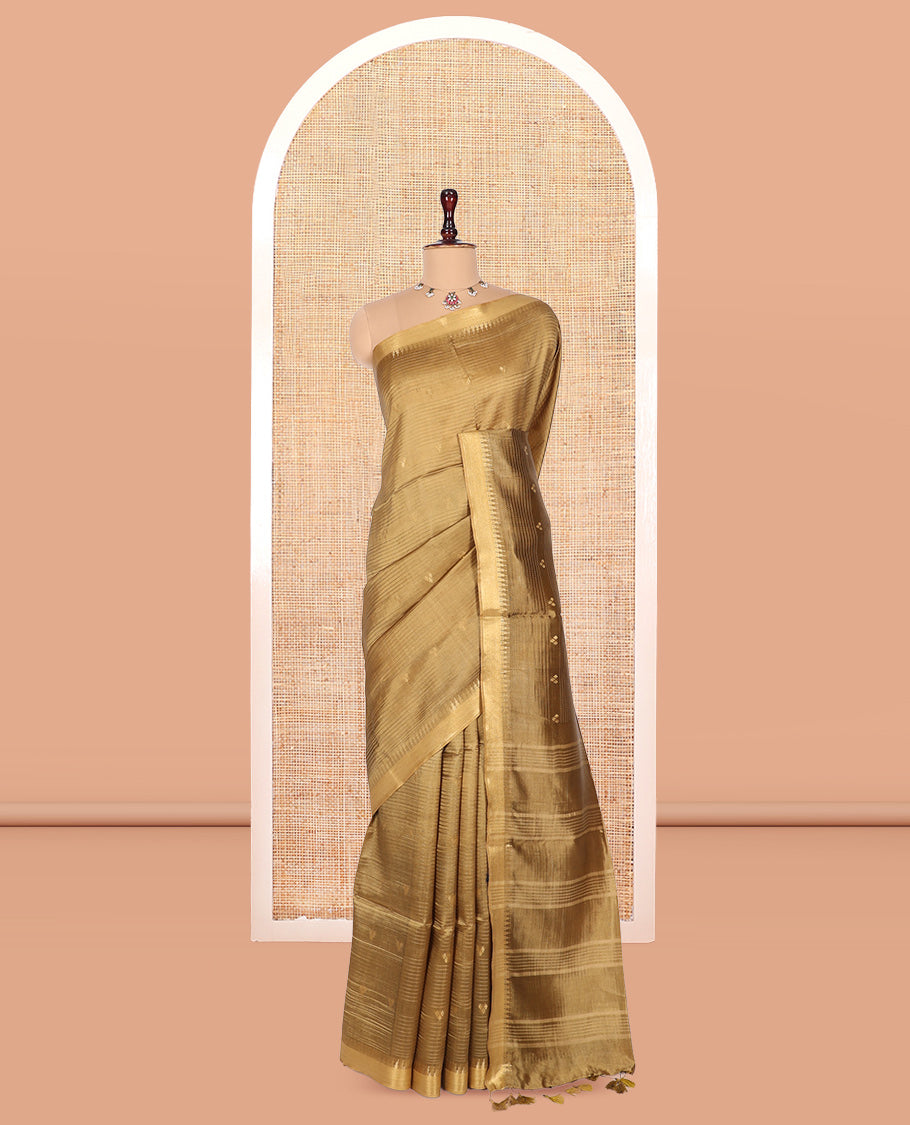 Sandal Banana Pith Saree, Sparsely Threaded with Buttas and Stripes, a Zari Temple Border, Striped Pallu, and Matching Blouse