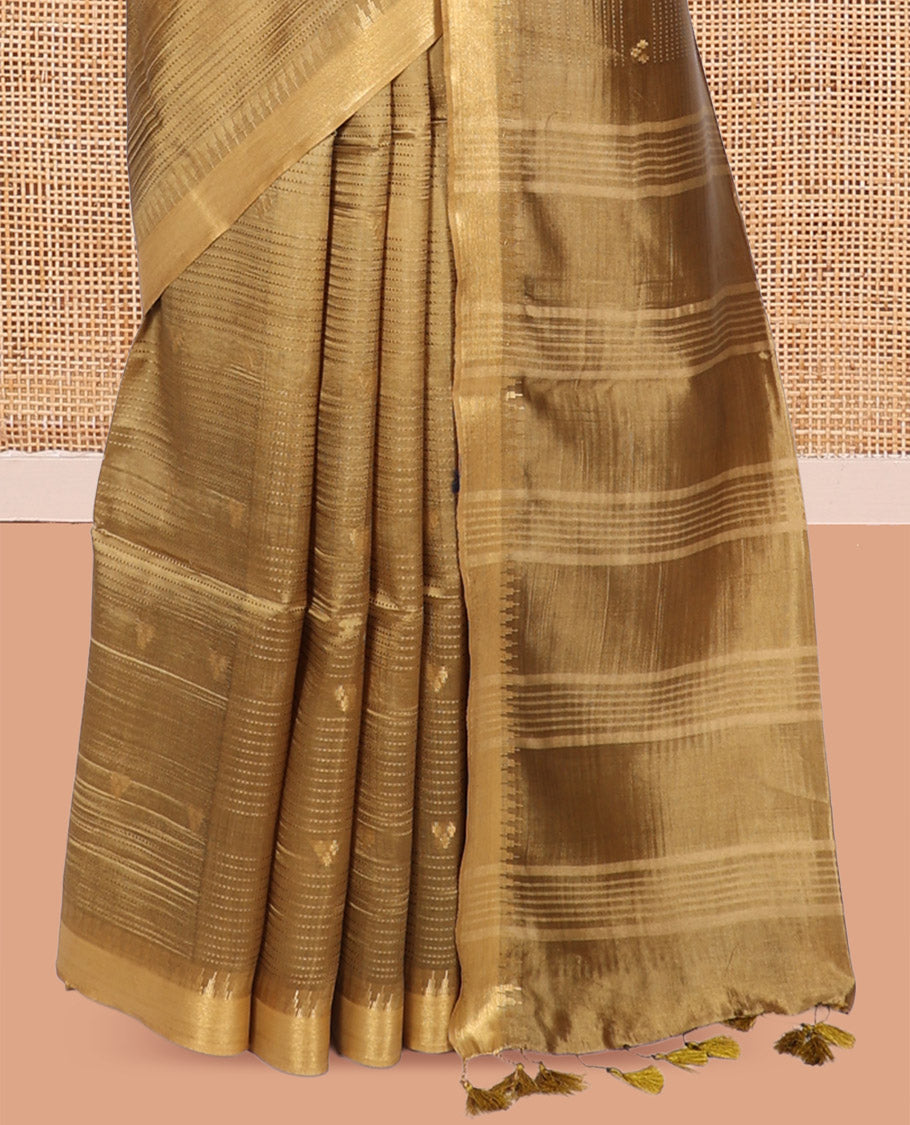 Sandal Banana Pith Saree, Sparsely Threaded with Buttas and Stripes, a Zari Temple Border, Striped Pallu, and Matching Blouse