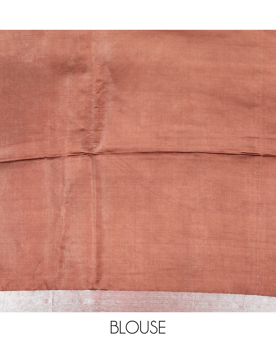 Brown diamond buttas banana pith saree, silver and gold bavanji border, and zari striped pallu