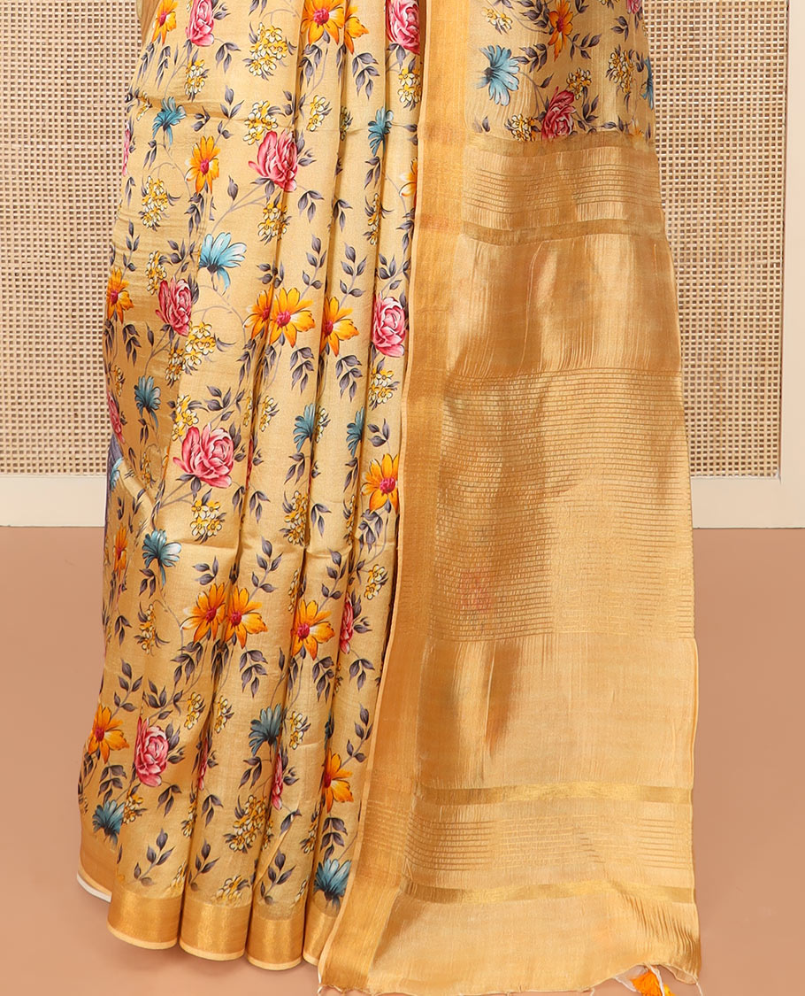 Sandal Banana Pith Saree Adorned with Colorful Floral Motifs Print, Subtle Zari Border, Gleaming Zari Striped Pallu, and Paired with a Contrast Floral Printed Blouse
