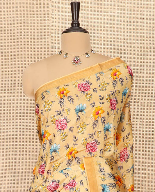 Sandal Banana Pith Saree Adorned with Colorful Floral Motifs Print, Subtle Zari Border, Gleaming Zari Striped Pallu, and Paired with a Contrast Floral Printed Blouse