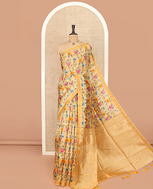 Sandal Banana Pith Saree Adorned with Colorful Floral Motifs Print, Subtle Zari Border, Gleaming Zari Striped Pallu, and Paired with a Contrast Floral Printed Blouse