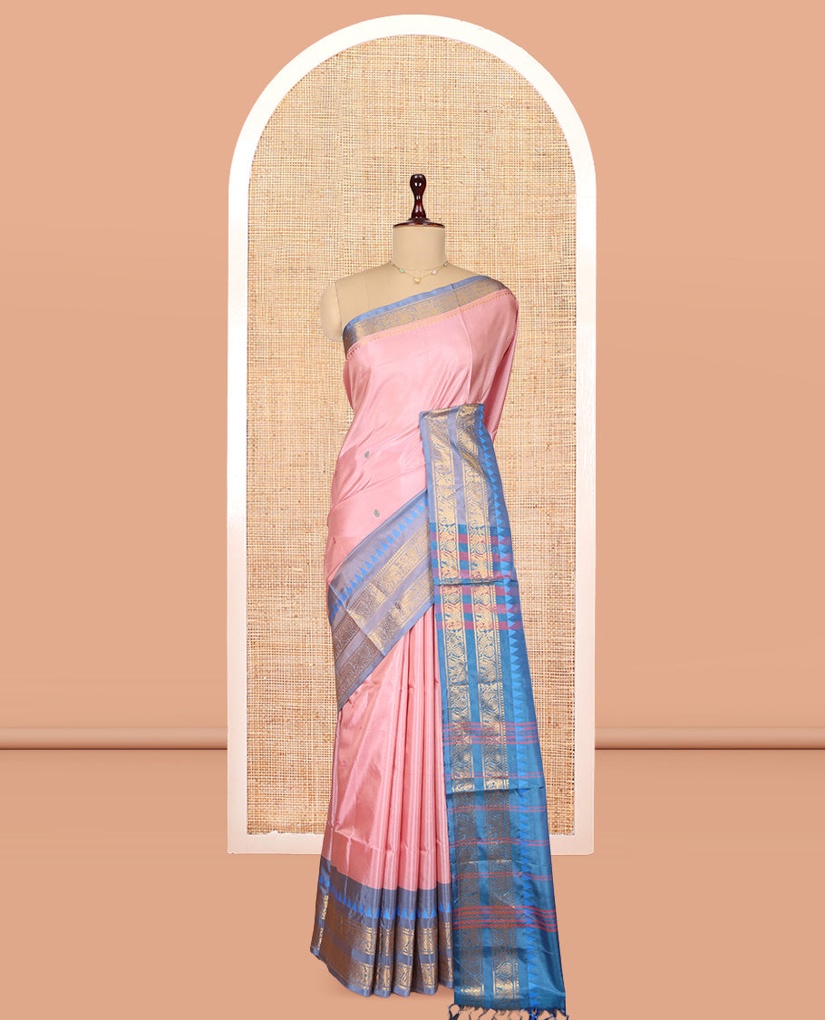Pink Banana Pith Saree, Woven with Buttas, Complemented by a Contrast Traditional Rettai Pettu Border, Pallu of Stripes, and a Contrast Blouse