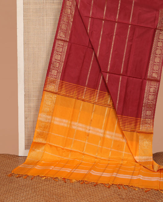 Maroon zari design banana pith saree, traditional zari design border, and zari checked pallu
