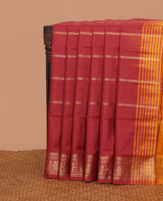 Maroon zari design banana pith saree, traditional zari design border, and zari checked pallu