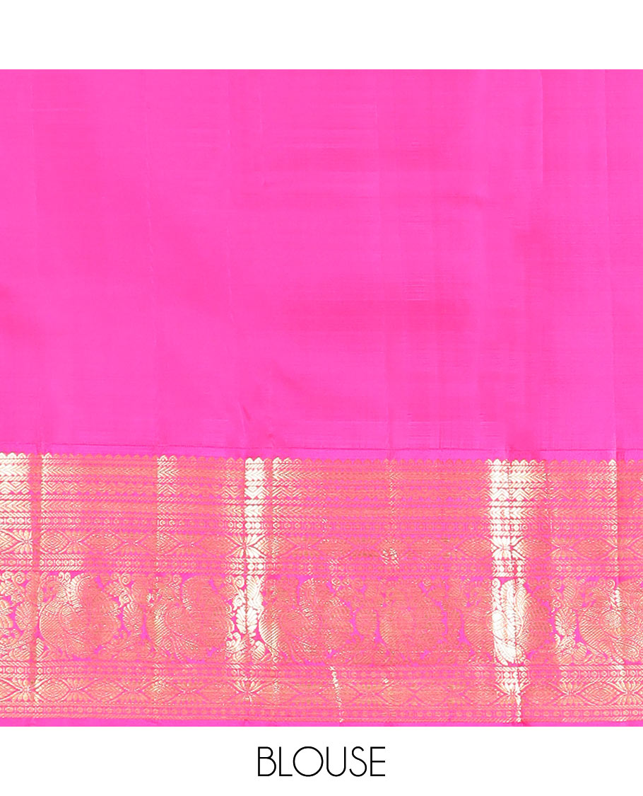 Green thilakam buttas silk saree, contrast border of rekku, muthu, kathir, neli, laddu kamalam, and mayil designs, and jaal pallu