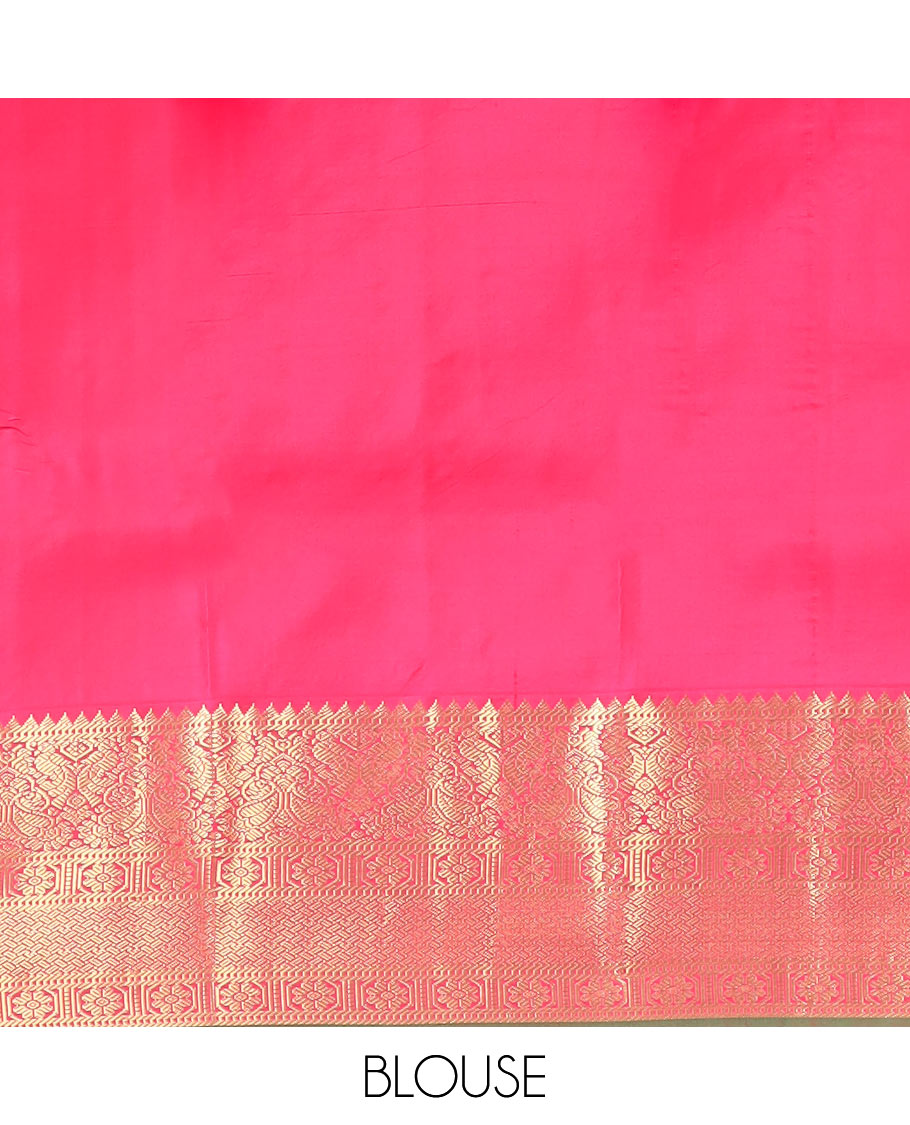 Blue butta enclosed checked silk saree, contrast border of rekku, muthu, manga, mayil, and kamalam designs, and jaal pallu