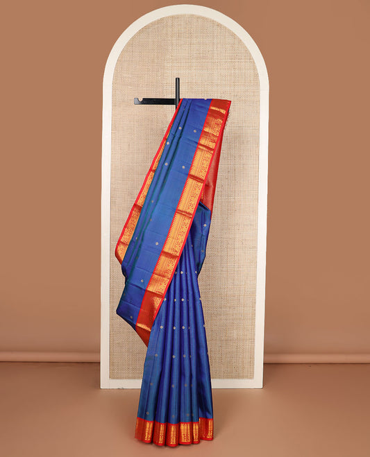Blue zari buttas silk saree, contrast border of thilakam,banaras,kathir,jaal, yaanai & mayil & jaal pallu