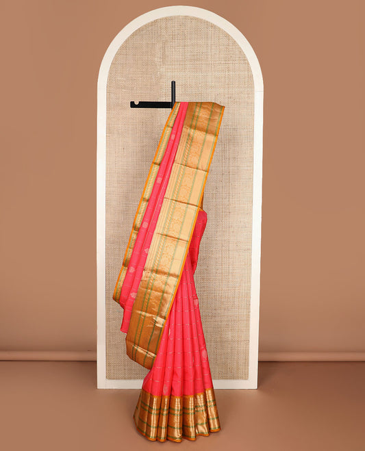 Peach zari butta enclosed checked silk saree, contrast border of rekku,muthu,banaras,neli, leaf & kodi visiry & jaal pallu