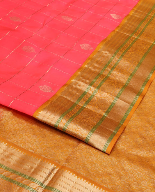 Peach zari butta enclosed checked silk saree, contrast border of rekku,muthu,banaras,neli, leaf & kodi visiry & jaal pallu