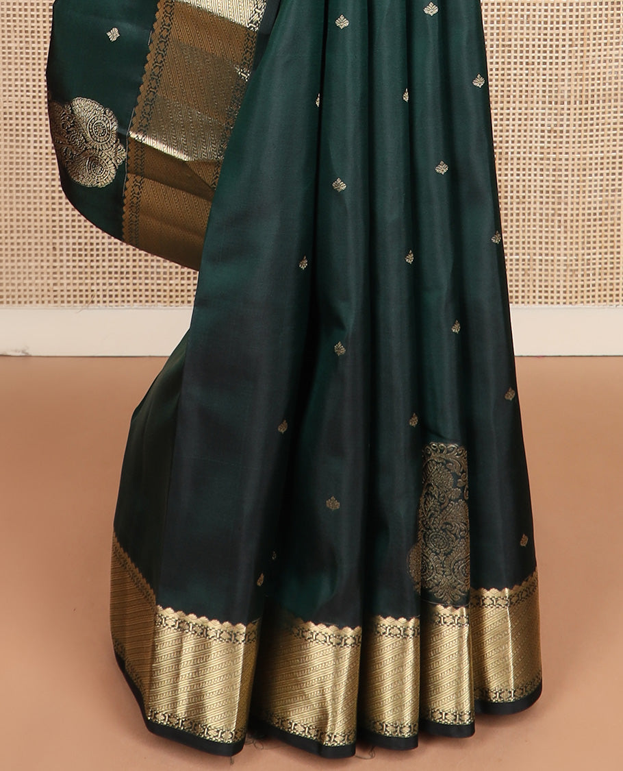 Green zari buttas silk saree, zari border of traditional designs, and jaal pallu