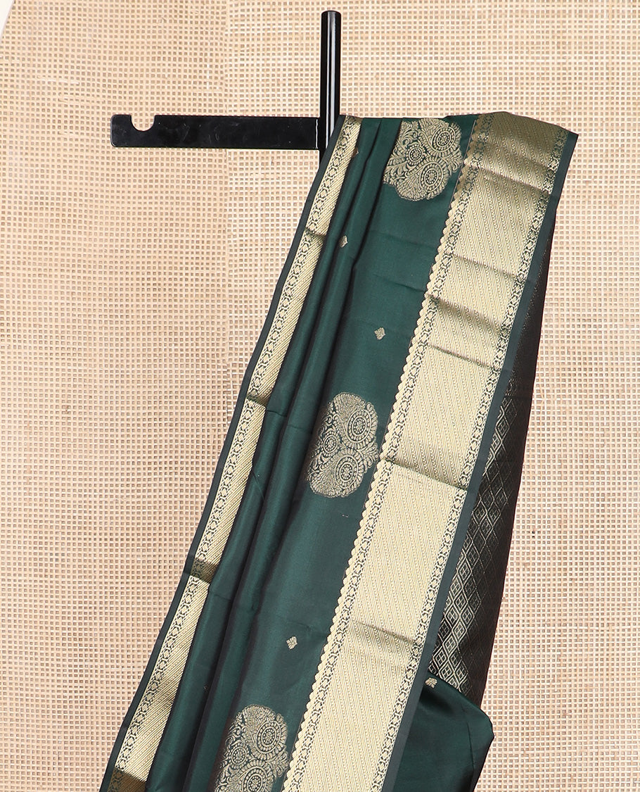 Green zari buttas silk saree, zari border of traditional designs, and jaal pallu