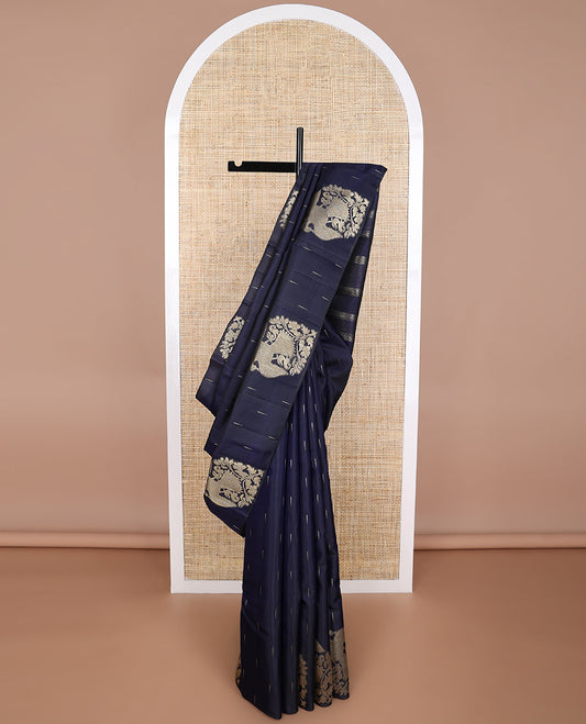 Dark blue buttas silk saree with self floral design border & bhavanji pallu
