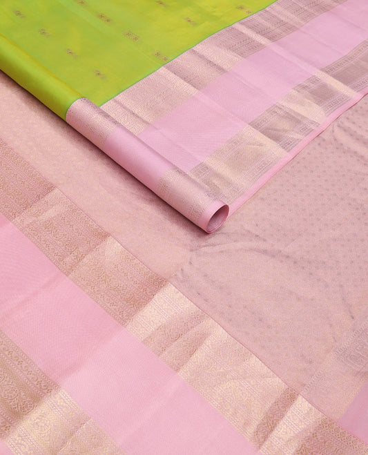 Parrot green meena buttas silk saree, contrast pink rettai pettu border of thilakam mokku,banaras,muthu,kathir & kodi visiry