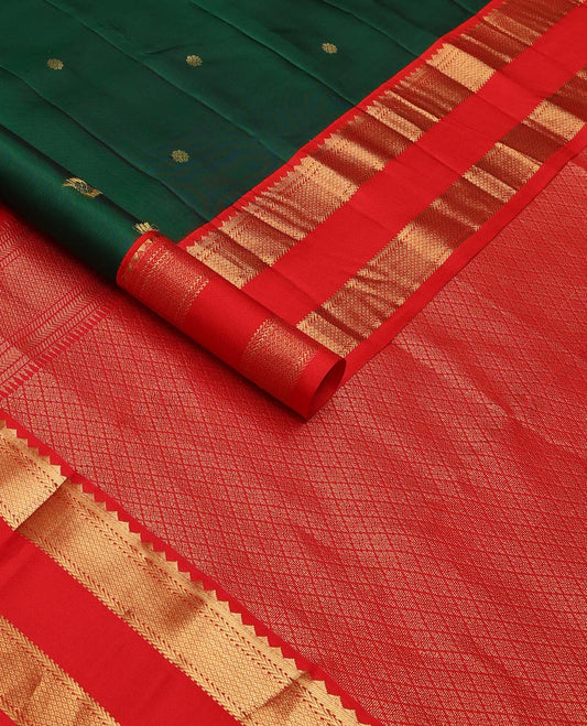Green zari buttas silk saree, contrast rettai pettu border of rekku,kathir & mayil kann designs & zari-rich jaal pallu