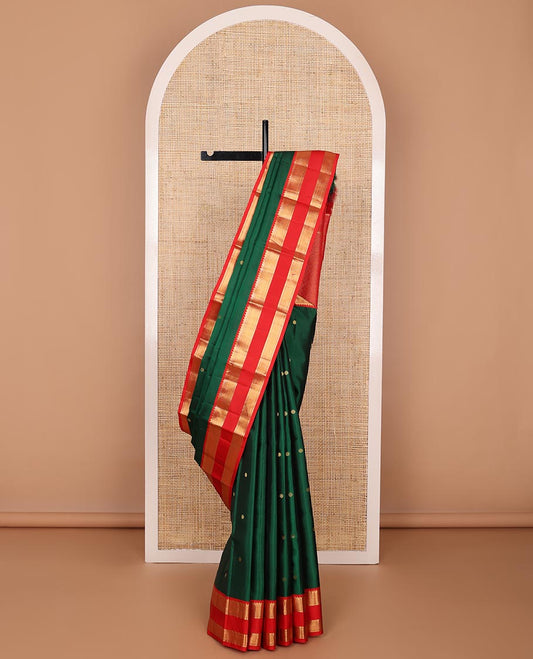 Green zari buttas silk saree, contrast rettai pettu border of rekku,kathir & mayil kann designs & zari-rich jaal pallu