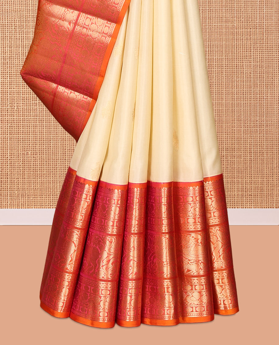 Yellow Vasundhara Silk Saree, Woven with Zari Buttas, Contrast Border of Muthu, Poun, Mayil, Neli, and Kuthirai Designs, Grand Pallu, and Contrast Blouse