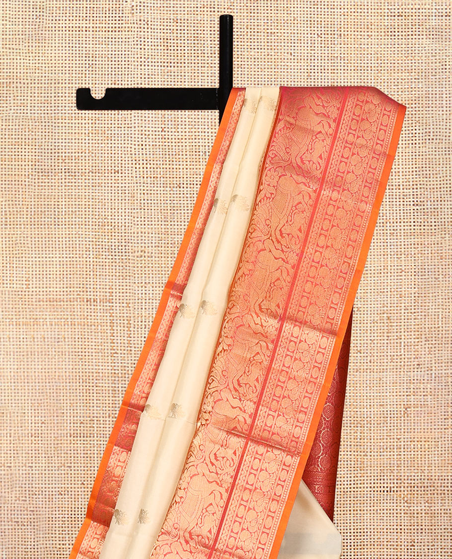 Yellow Vasundhara Silk Saree, Woven with Zari Buttas, Contrast Border of Muthu, Poun, Mayil, Neli, and Kuthirai Designs, Grand Pallu, and Contrast Blouse