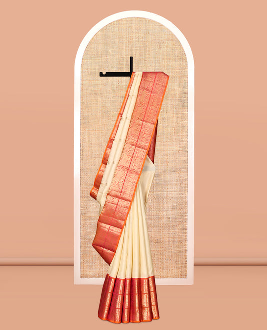 Yellow Vasundhara Silk Saree, Woven with Zari Buttas, Contrast Border of Muthu, Poun, Mayil, Neli, and Kuthirai Designs, Grand Pallu, and Contrast Blouse