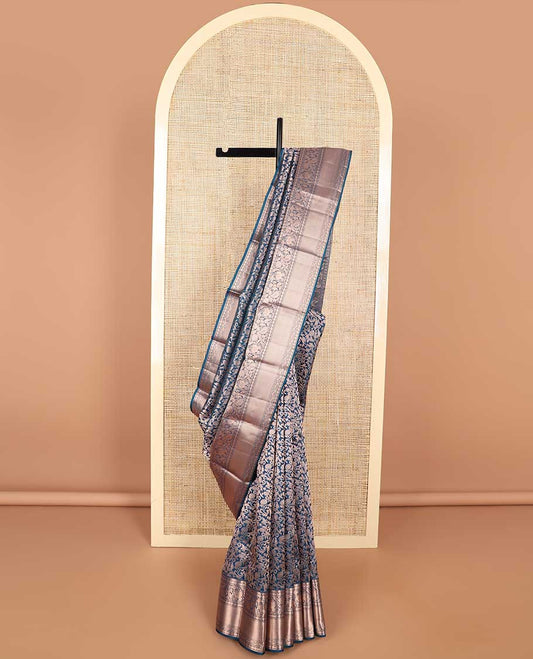 Blue floral jacquard kancheepuram silk saree with self border of muthu, banaras, paun design & zari design pallu