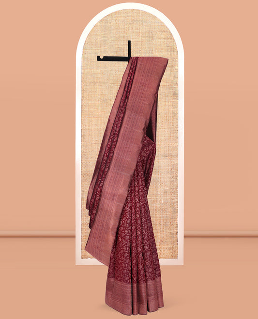 Wine Kanchipuram Wedding Silk Saree, Woven with Jacquard Design, a Zari Border of Traditional Designs, Diagonal Pallu, and a Matching Blouse
