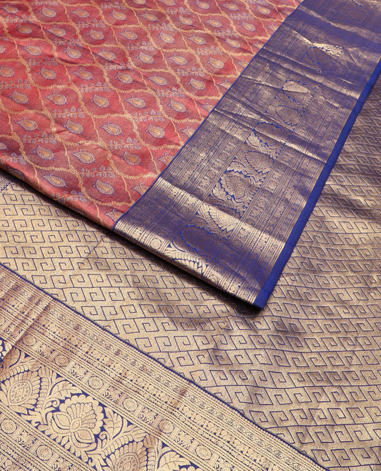 Red jacquard Kanchipuram wedding silk saree, contrast border of banaras, thilakam, neli, mayil, chakram, kuthirai, and floral designs, and pallu of greek key designs