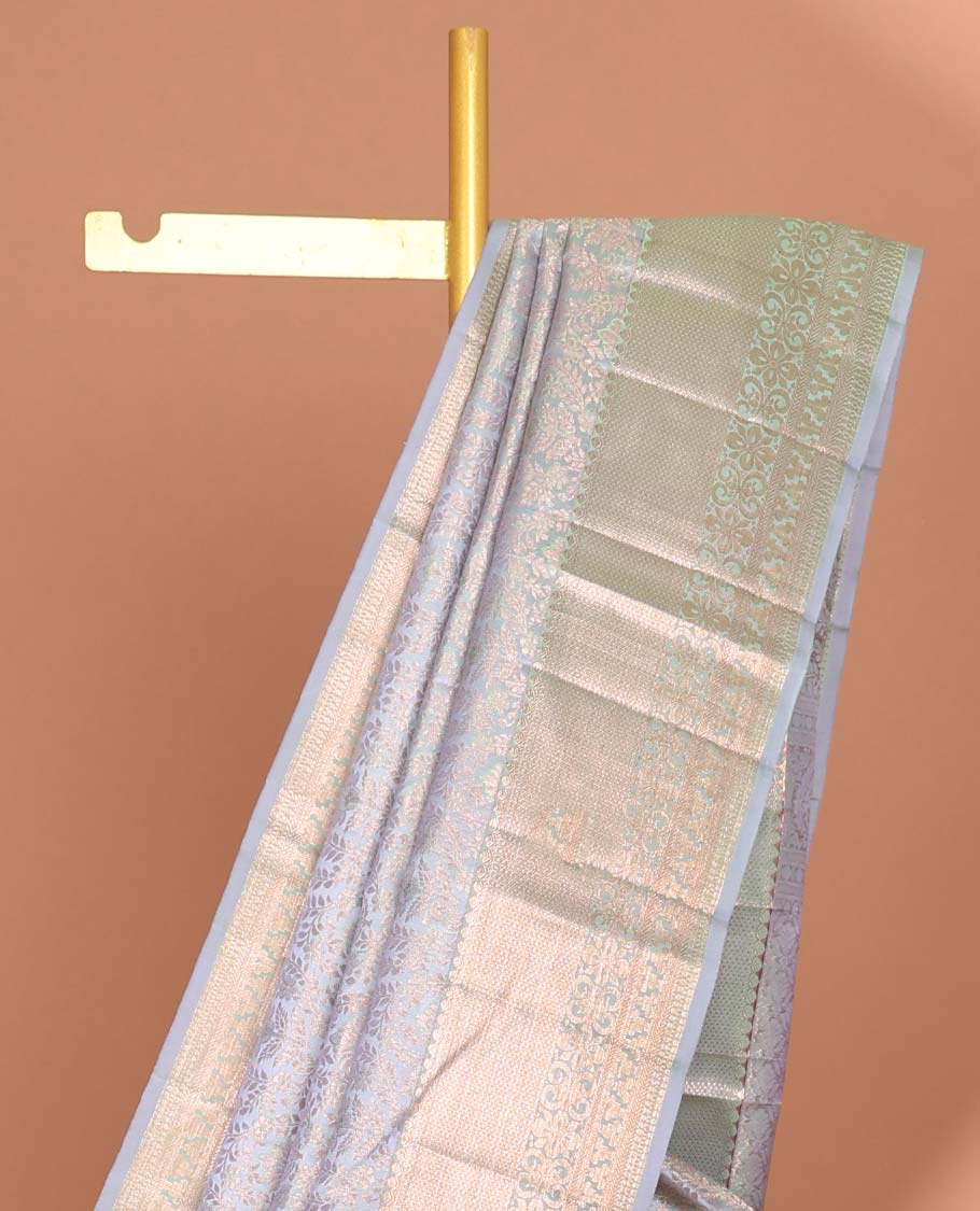 Grey floral jacquard kancheepuram silk saree with self zari design & taditional zari design pallu