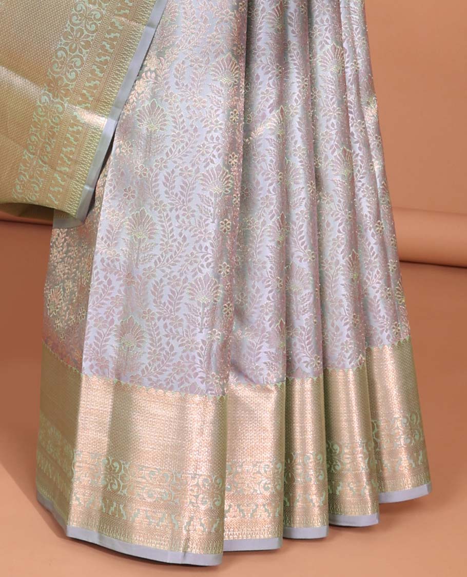 Grey floral jacquard kancheepuram silk saree with self zari design & taditional zari design pallu