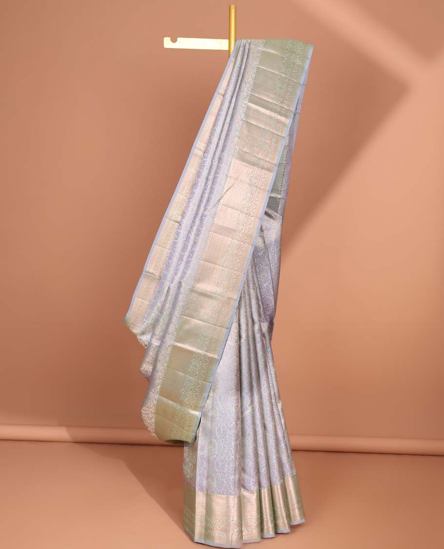 Grey floral jacquard kancheepuram silk saree with self zari design & taditional zari design pallu