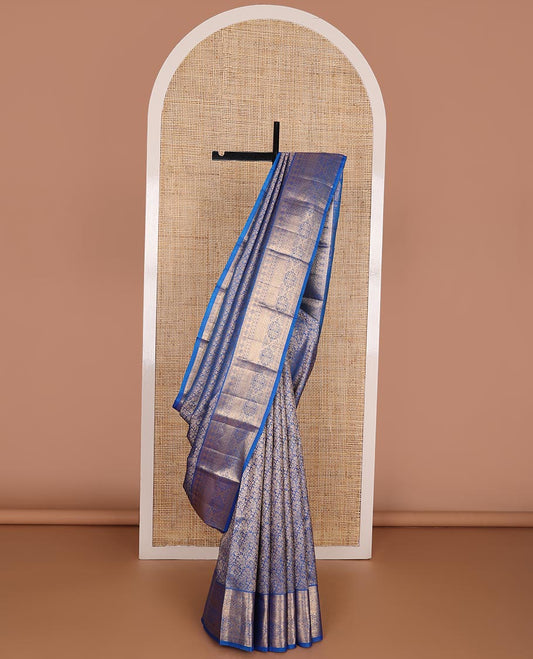 Blue floral jacquard kanchipuram wedding silk saree, traditional zari border & pallu filled with intricate motifs in zari