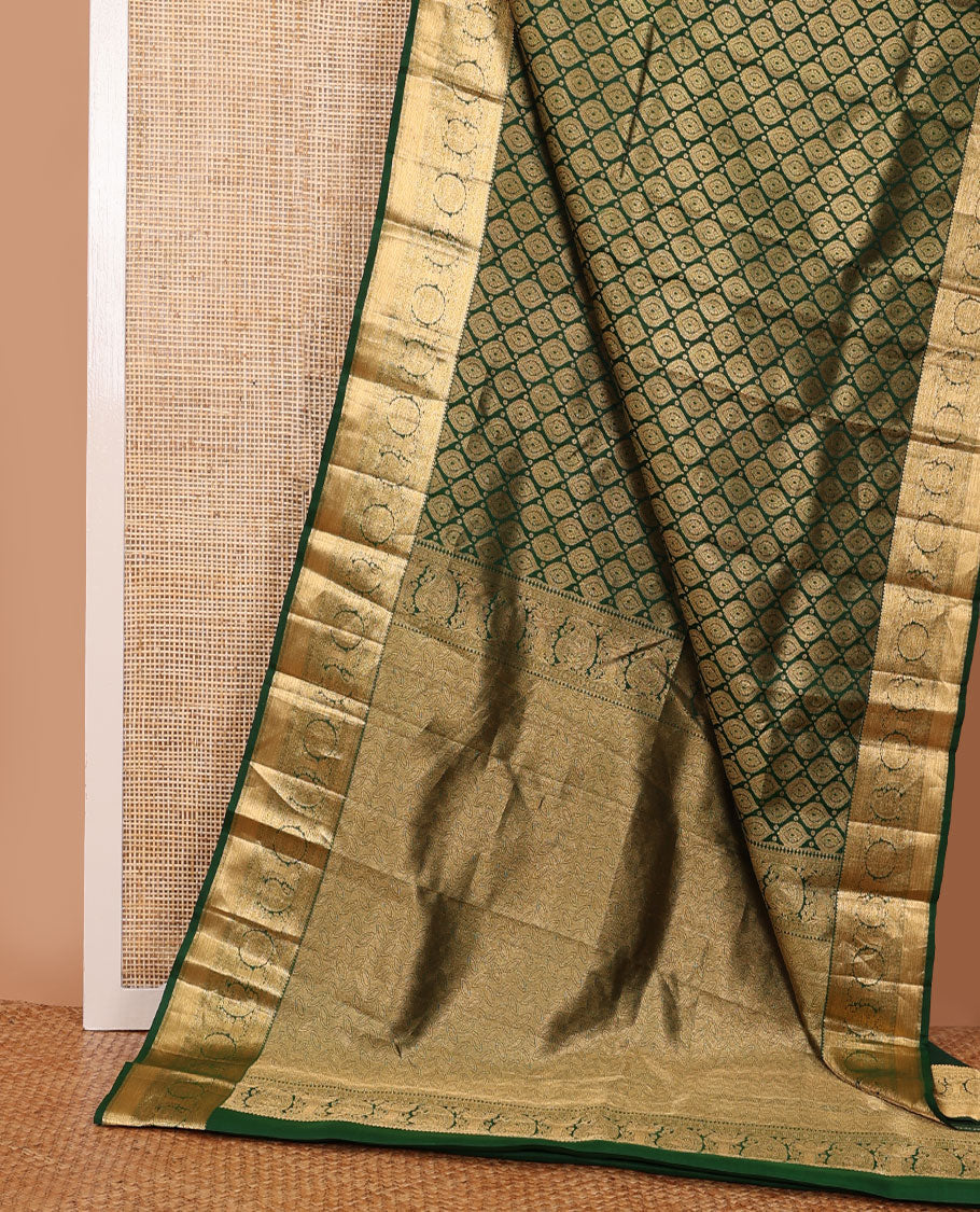 Green jacquard wedding silk saree, zari border of thilakam,kathir,poun,kamalam, chakram & manga & geometric patterned pallu