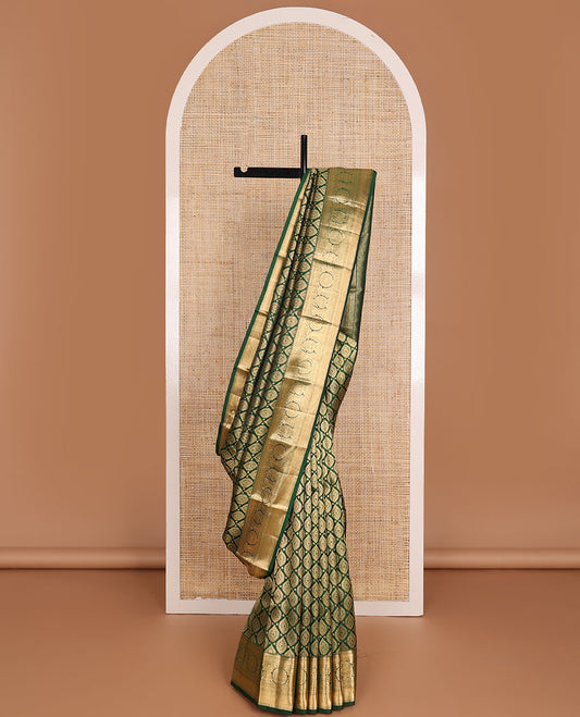 Green jacquard wedding silk saree, zari border of thilakam,kathir,poun,kamalam, chakram & manga & geometric patterned pallu