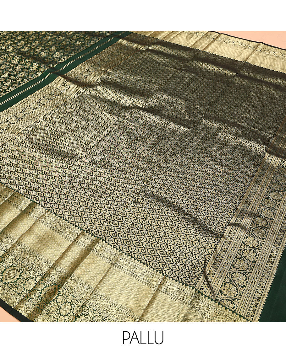 Green jacquard kanchipuram silk saree, zari border of thilakam, greek key, and kodi visiry designs, and intricate pallu