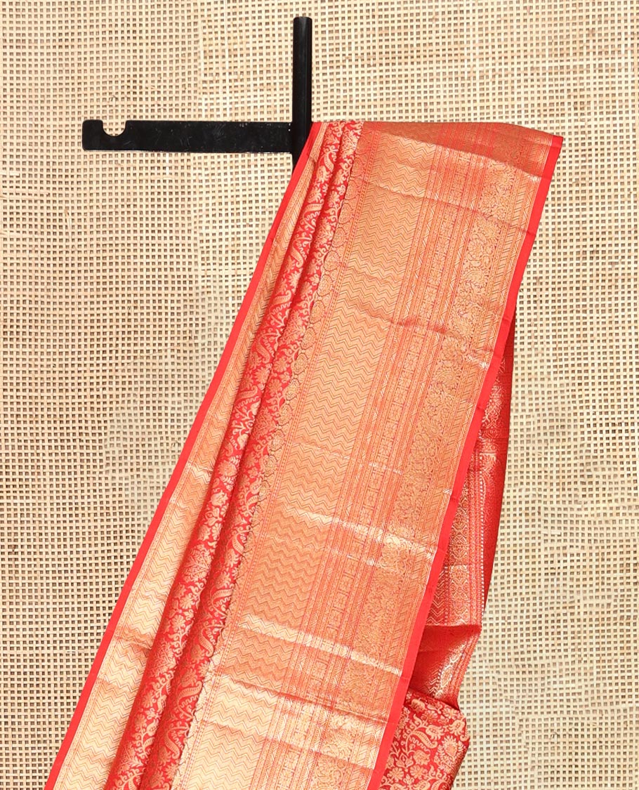 Red Kanchipuram Wedding Silk Saree, Bedecked with Jacquard Design, a Zari Border Steeped with Traditional Designs, Manga Design Pallu, and a Matching Blouse