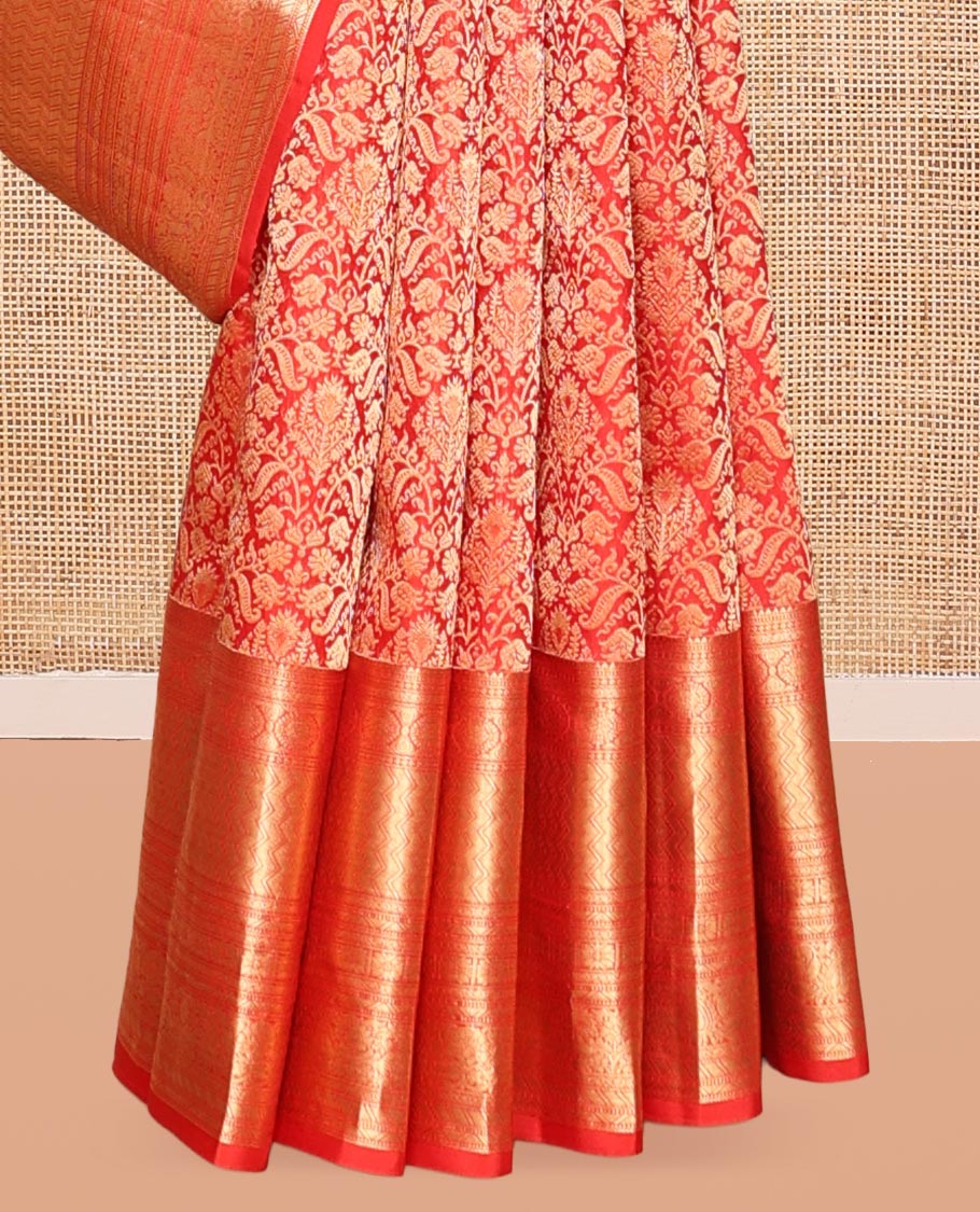 Red Kanchipuram Wedding Silk Saree, Bedecked with Jacquard Design, a Zari Border Steeped with Traditional Designs, Manga Design Pallu, and a Matching Blouse