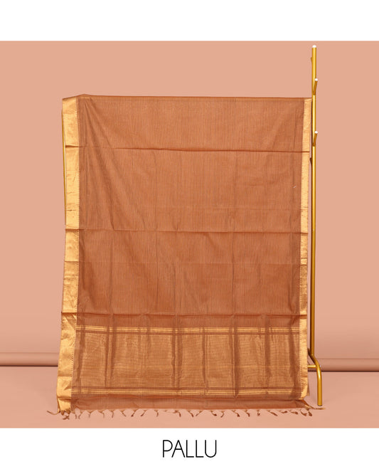 Brown Sparsely Striped Mangalgiri Cotton Saree, Highlighted by a Zari Border, Gleaming Zari-Striped Pallu, and Paired with a Matching Blouse