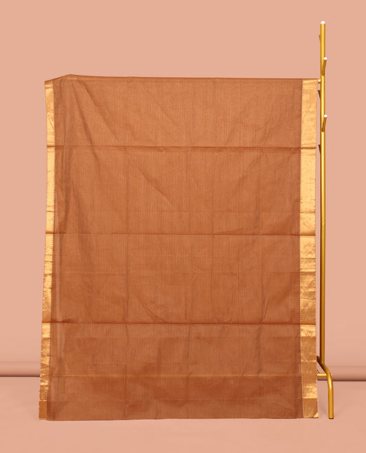 Brown Sparsely Striped Mangalgiri Cotton Saree, Highlighted by a Zari Border, Gleaming Zari-Striped Pallu, and Paired with a Matching Blouse
