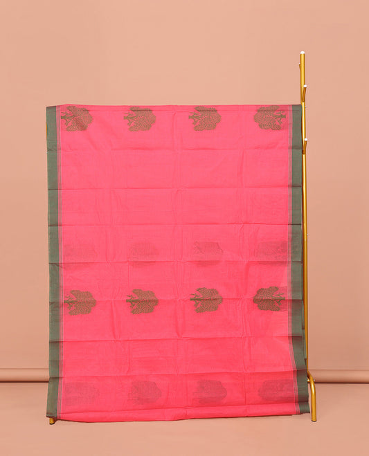 Red Kanchi Cotton Saree, Decked Up with Tree Motifs All Over Its Body, Complemented by Contrast Border, Pallu of Stripes and Flower-vase Motifs , and Paired with a Matching Blouse