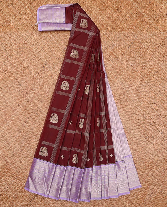 Maroon butta enclosed checked gift saree, contrast traditional zari border, and jaal pallu