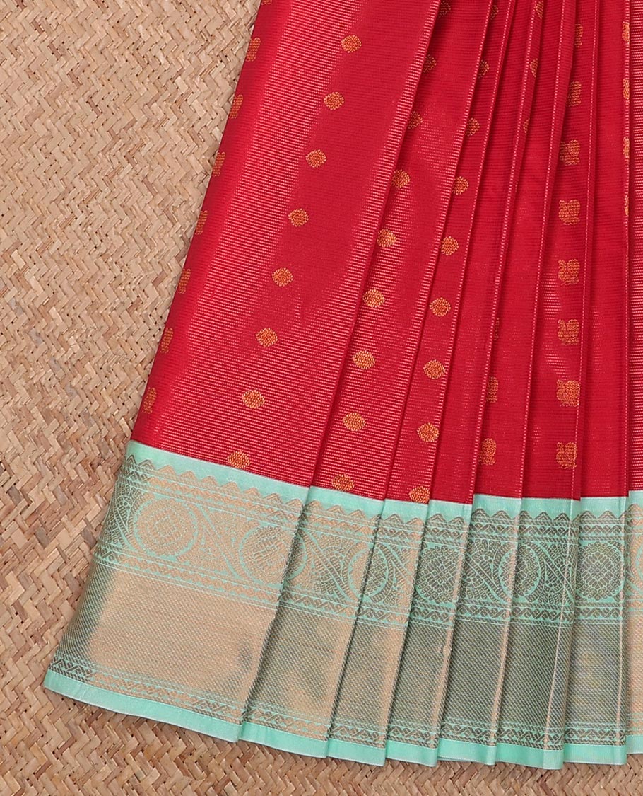 Red striped and peacock chakra buttas gift saree, contrast traditional zari design border, and jaal pallu