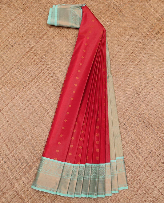 Red striped and peacock chakra buttas gift saree, contrast traditional zari design border, and jaal pallu
