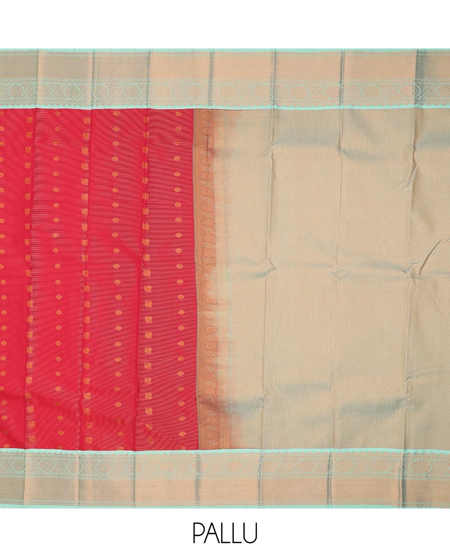 Red striped and peacock chakra buttas gift saree, contrast traditional zari design border, and jaal pallu
