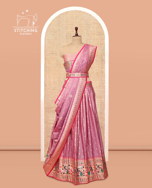 Pink Banarasi Half-Saree, Delicately Woven with Zari Buttas Skirt, a Contrast Paithani-Style Border, Matching Blouse, and Matching Dupatta