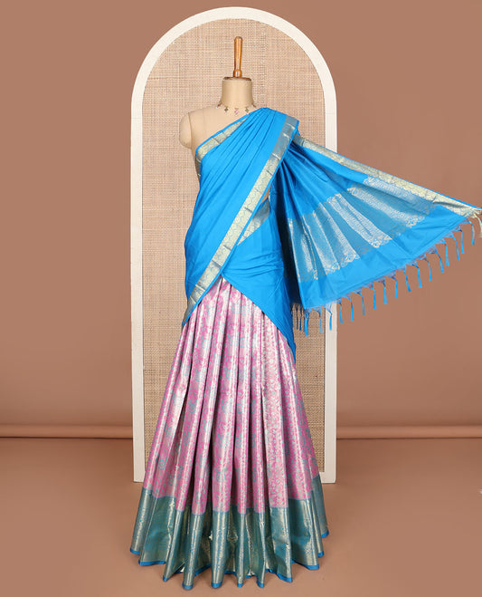 Pink art silk half saree, jacquard with contrast traditional zari border skirt, jacquard contrast blouse and zari woven dhavani