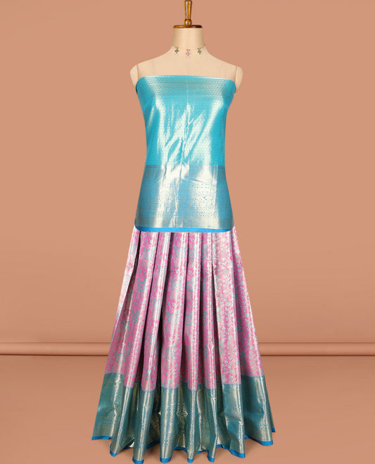 Pink art silk half saree, jacquard with contrast traditional zari border skirt, jacquard contrast blouse and zari woven dhavani