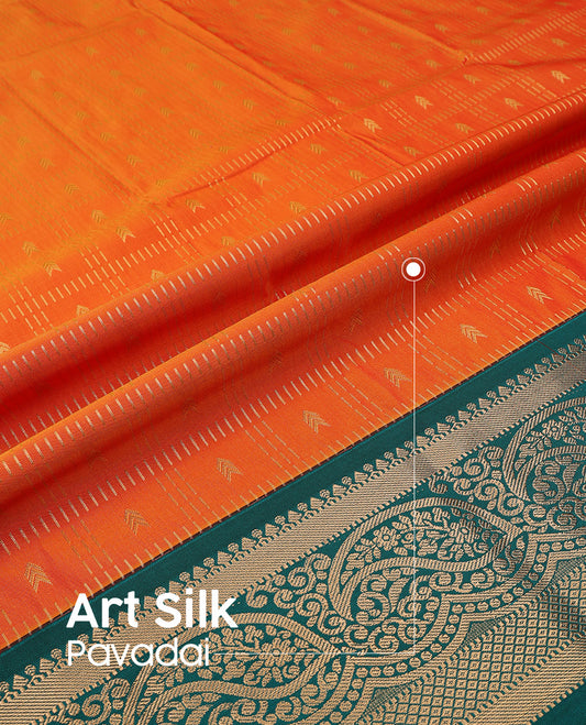 Orange art silk pavadai set, zari design with contrast traditional zari bordered skirt and a contrast zari border blouse