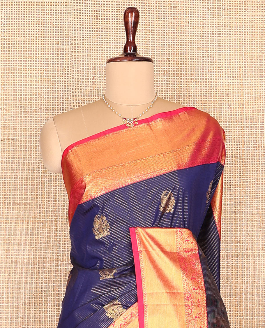 Blue zari stripes, and zari buttas budget silk saree, contrast traditional zari design border, and intricate pallu